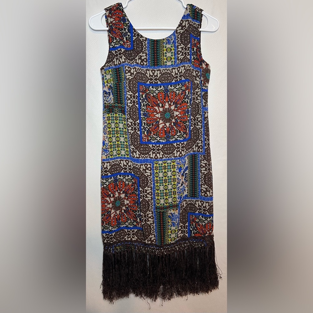 Cato Multicolor Patterned Midi Dress with Fringe